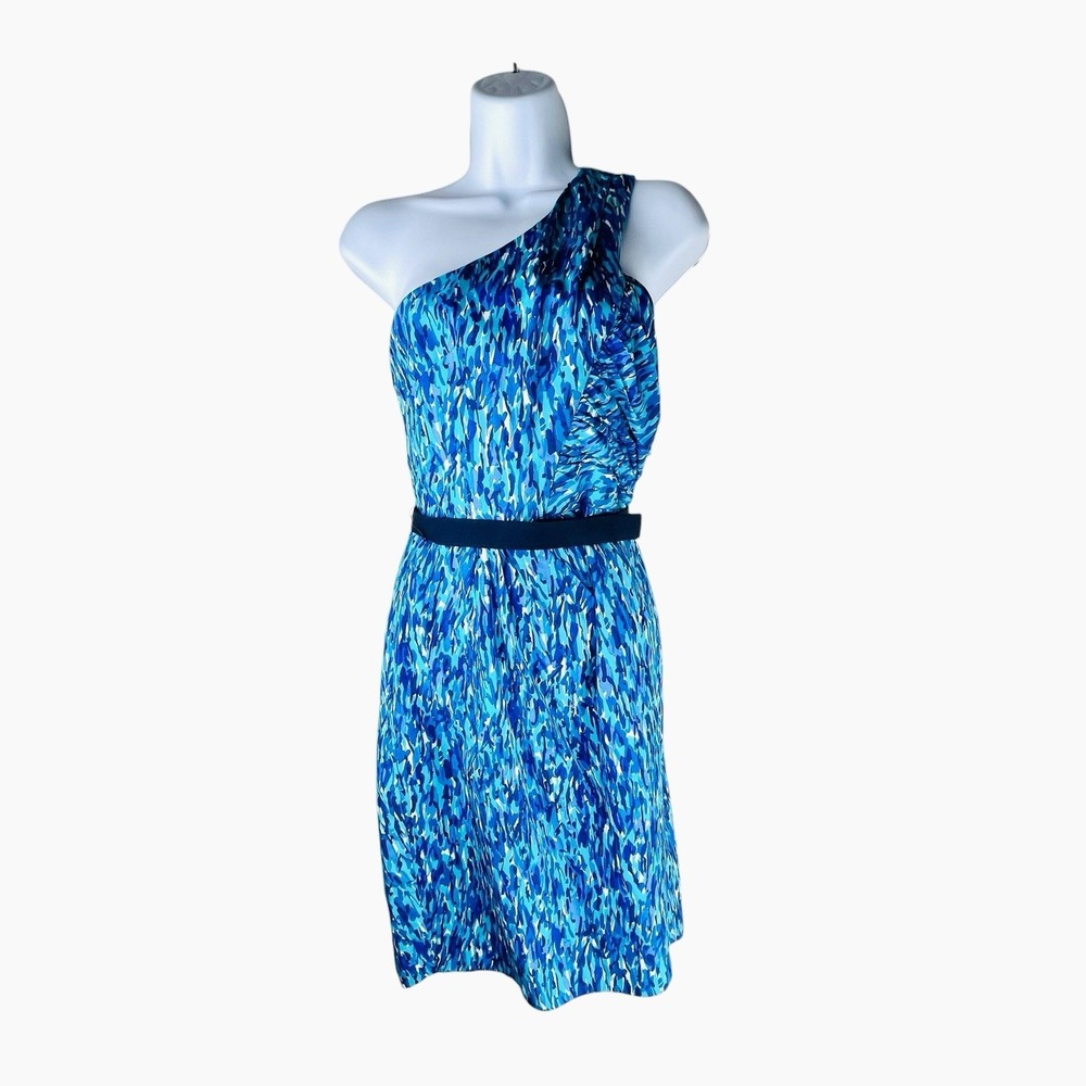 Trina Turk Blue Silk One Shoulder Dress Sz 6 Sheath Pencil Belted Short